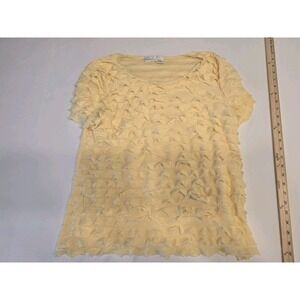 Kim Rogers Women Large Yellow Sheer‎ Tiered Ruffle Shirt Short Sleeve